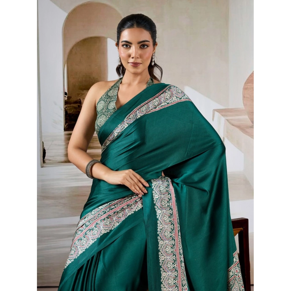 Women's Satin Crepe Printed Saree With Unstitched Blouse 5.5Mtr (Green) - Image 3