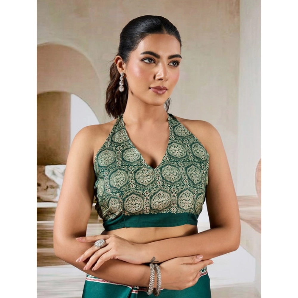 Women's Satin Crepe Printed Saree With Unstitched Blouse 5.5Mtr (Green) - Image 2