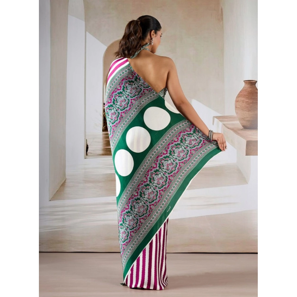 Women's Satin Crepe Printed Saree With Unstitched Blouse 5.5Mtr (Magenta) - Image 4