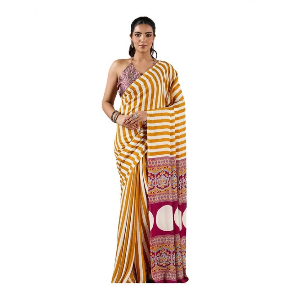 Women's Satin Crepe Printed Saree With Unstitched Blouse 5.5Mtr (Mustard)