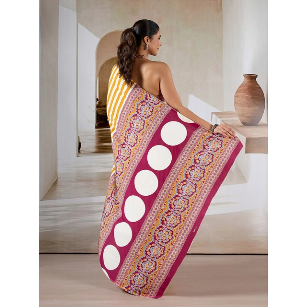 Women's Satin Crepe Printed Saree With Unstitched Blouse 5.5Mtr (Mustard) - Image 4