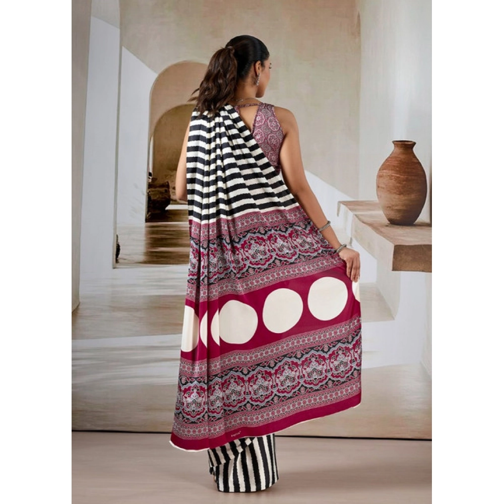 Women's Satin Crepe Printed Saree With Unstitched Blouse 5.5Mtr (Black) - Image 4