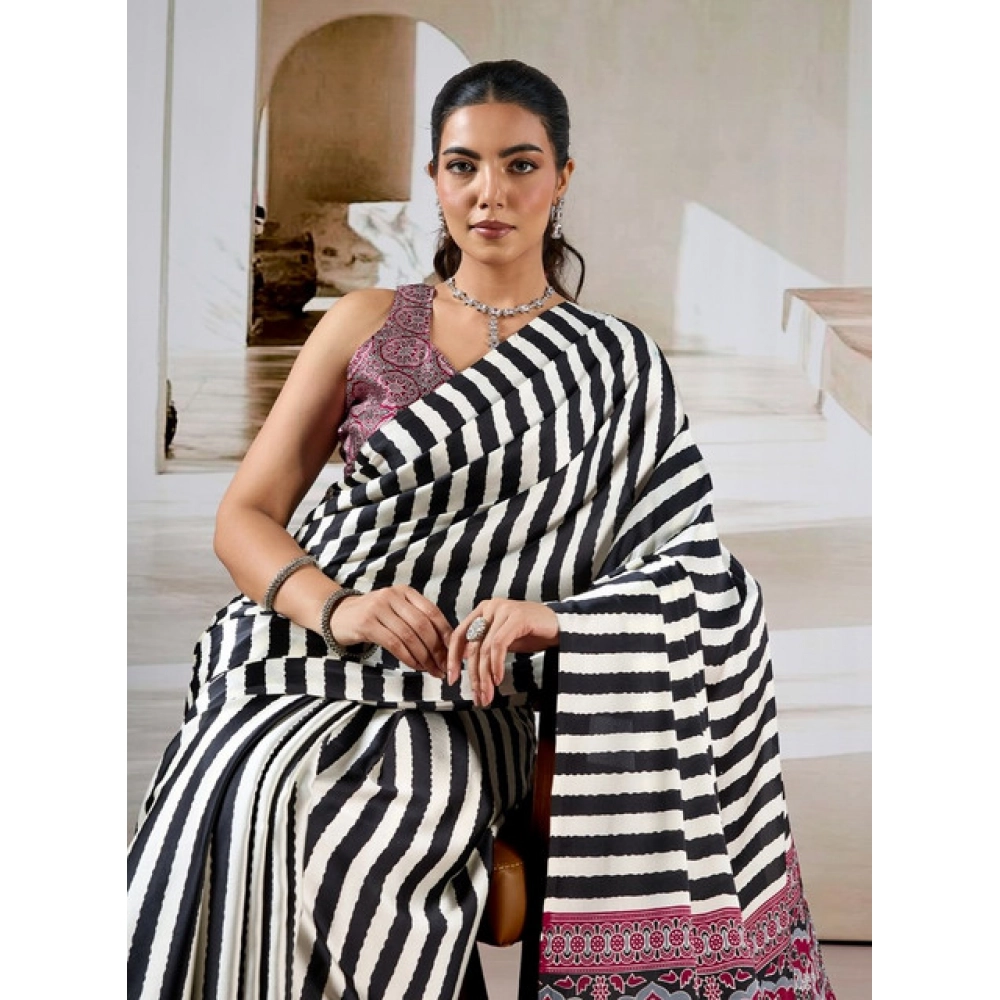 Women's Satin Crepe Printed Saree With Unstitched Blouse 5.5Mtr (Black) - Image 3