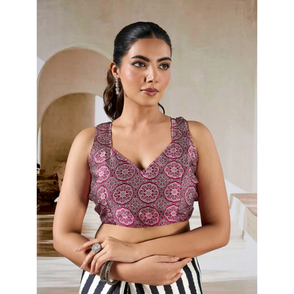 Women's Satin Crepe Printed Saree With Unstitched Blouse 5.5Mtr (Black) - Image 2