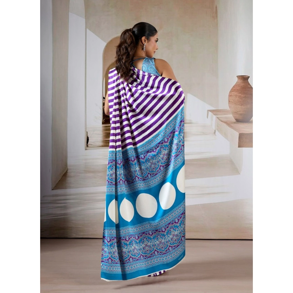 Women's Satin Crepe Printed Saree With Unstitched Blouse 5.5Mtr (Purple) - Image 4