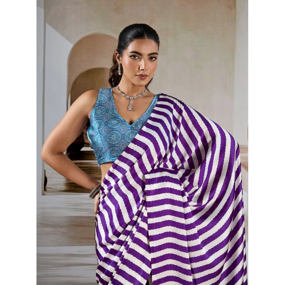 Women's Satin Crepe Printed Saree With Unstitched Blouse 5.5Mtr (Purple) - Image 3