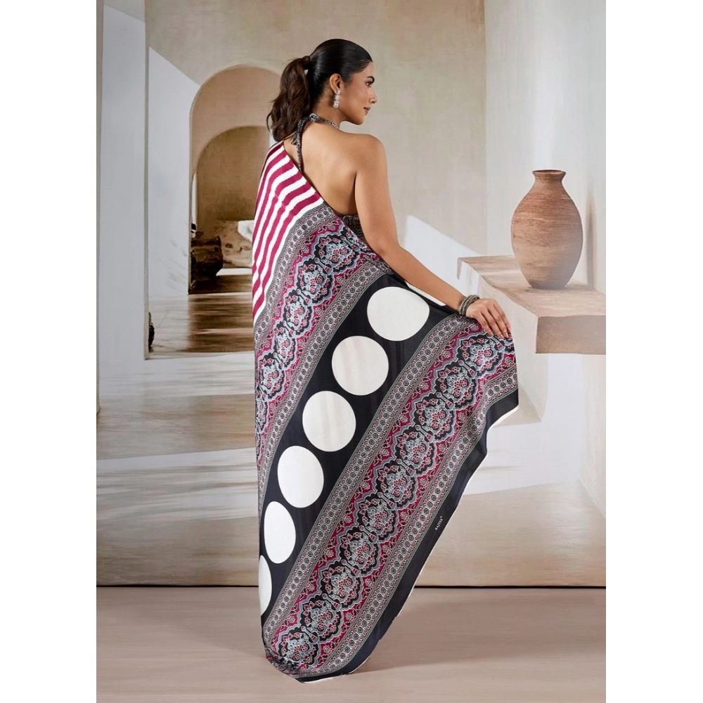 Women's Satin Crepe Printed Saree With Unstitched Blouse 5.5Mtr (Maroon) - Image 4