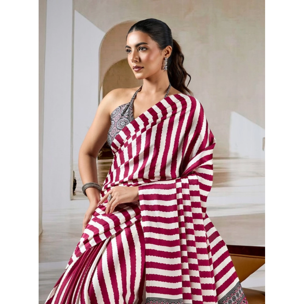 Women's Satin Crepe Printed Saree With Unstitched Blouse 5.5Mtr (Maroon) - Image 3