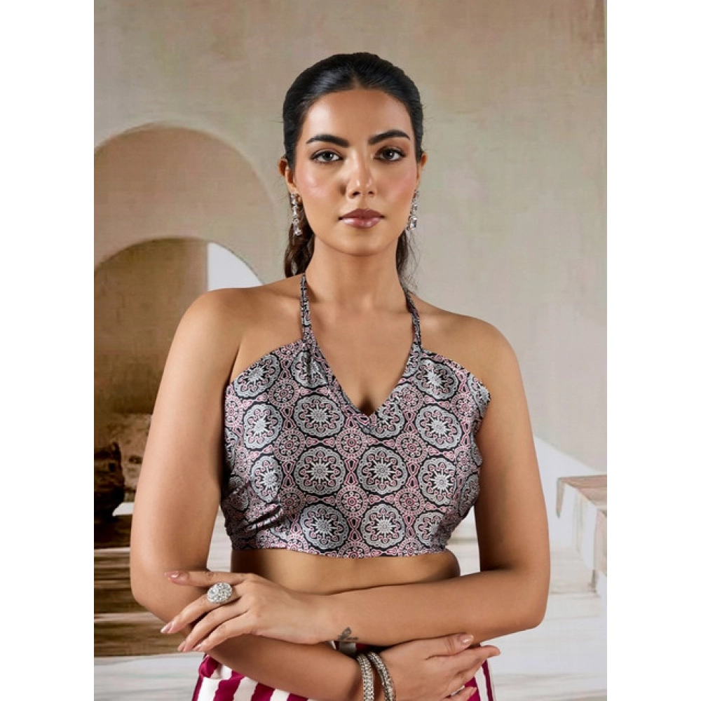 Women's Satin Crepe Printed Saree With Unstitched Blouse 5.5Mtr (Maroon) - Image 2