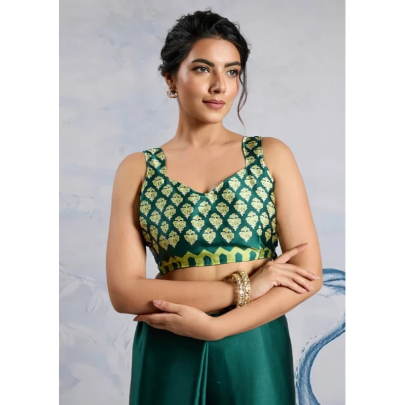 Alternative view of Women's Satin Crepe Printed Saree With Unstitched Blouse 5.5Mtr (Green)