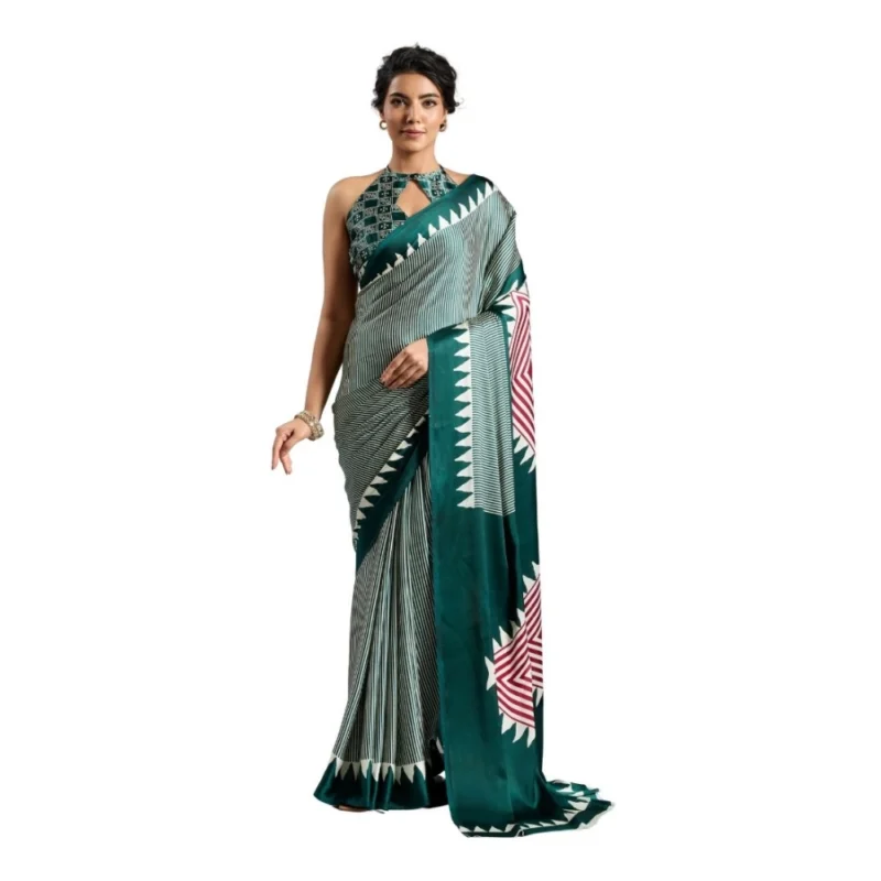 Women's Satin Crepe Printed Saree With Unstitched Blouse 5.5Mtr (Green)