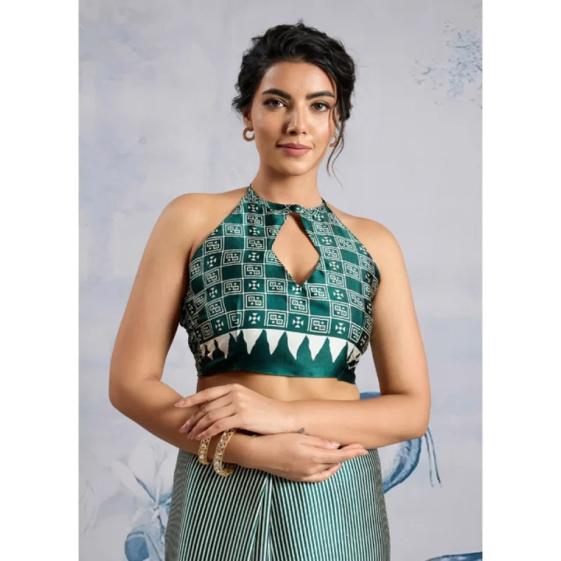 Alternative view of Women's Satin Crepe Printed Saree With Unstitched Blouse 5.5Mtr (Green)