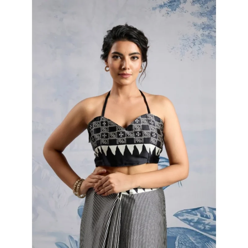 Alternative view of Women's Satin Crepe Printed Saree With Unstitched Blouse 5.5Mtr (Black)