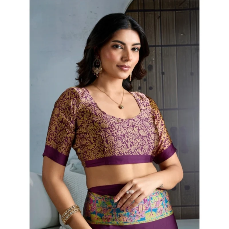 Alternative view of Women's Satin Crepe Printed Saree With Unstitched Blouse 5.5Mtr (Purple)