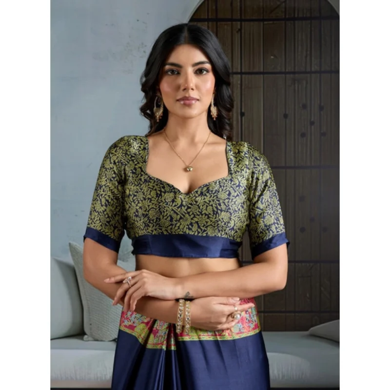 Alternative view of Women's Satin Crepe Printed Saree With Unstitched Blouse 5.5Mtr (Navy Blue)