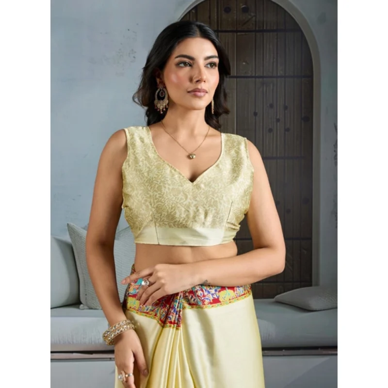 Alternative view of Women's Satin Crepe Printed Saree With Unstitched Blouse 5.5Mtr (Cream)