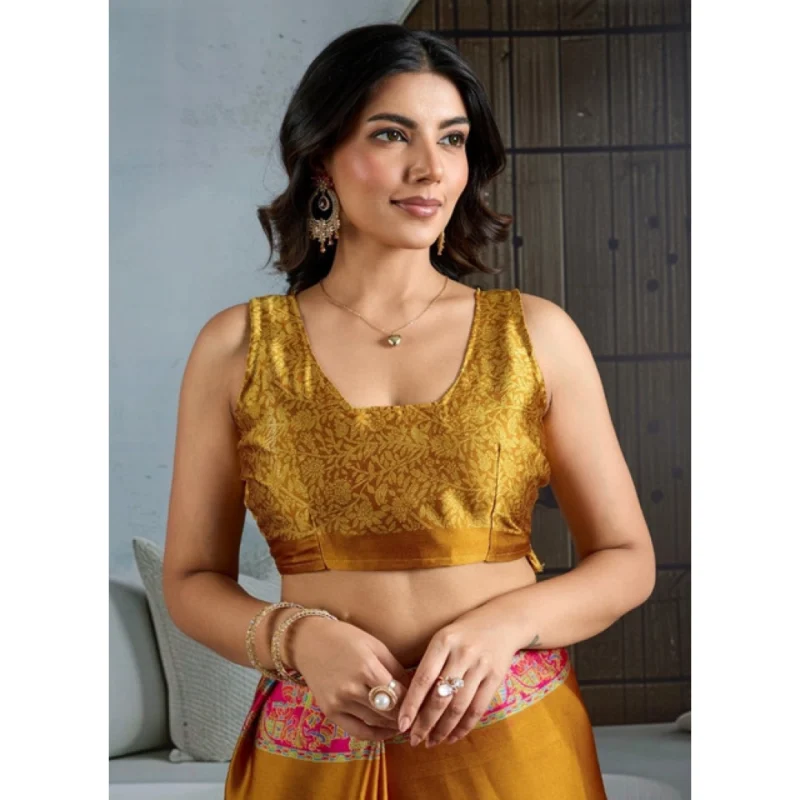 Alternative view of Women's Satin Crepe Printed Saree With Unstitched Blouse 5.5Mtr (Mustard)