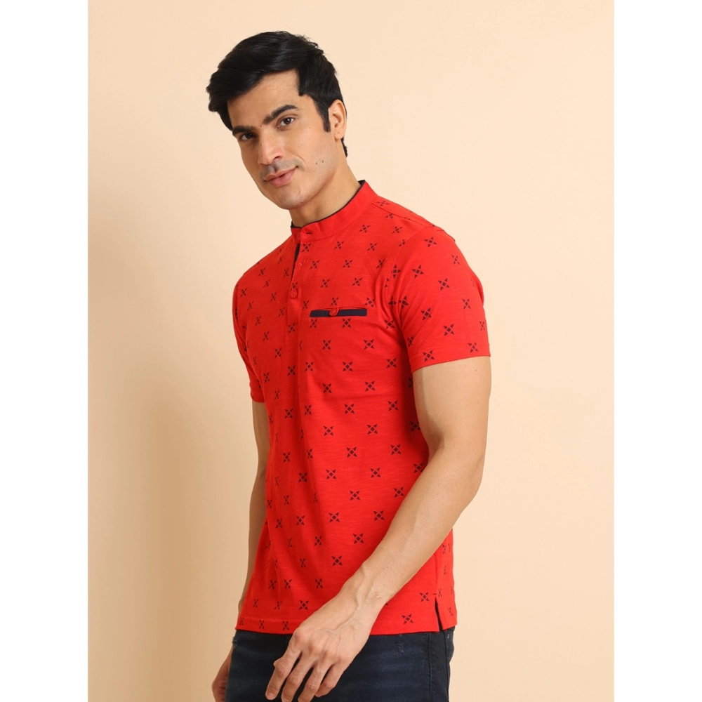 Men's Casual Cotton Printed Mandarin Collar Half Sleeve T-Shirt (Red) - Image 4