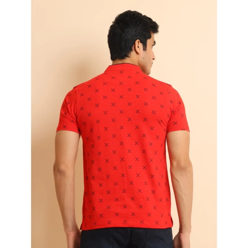 Alternative view of Men's Casual Cotton Printed Mandarin Collar Half Sleeve T-Shirt (Red)