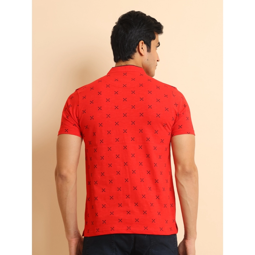 Men's Casual Cotton Printed Mandarin Collar Half Sleeve T-Shirt (Red) - Image 2