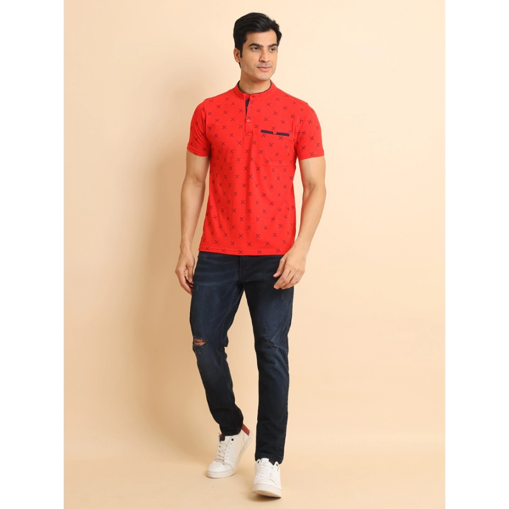 Men's Casual Cotton Printed Mandarin Collar Half Sleeve T-Shirt (Red) - Image 7