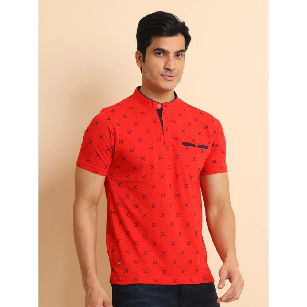Men's Casual Cotton Printed Mandarin Collar Half Sleeve T-Shirt (Red) - Image 3