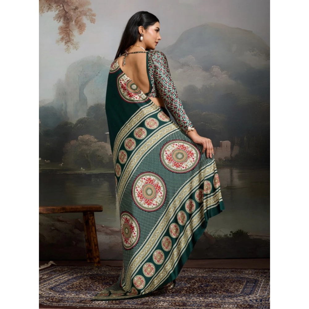 Women's Satin Crepe Printed Saree With Unstitched Blouse 5.5Mtr (Green) - Image 4