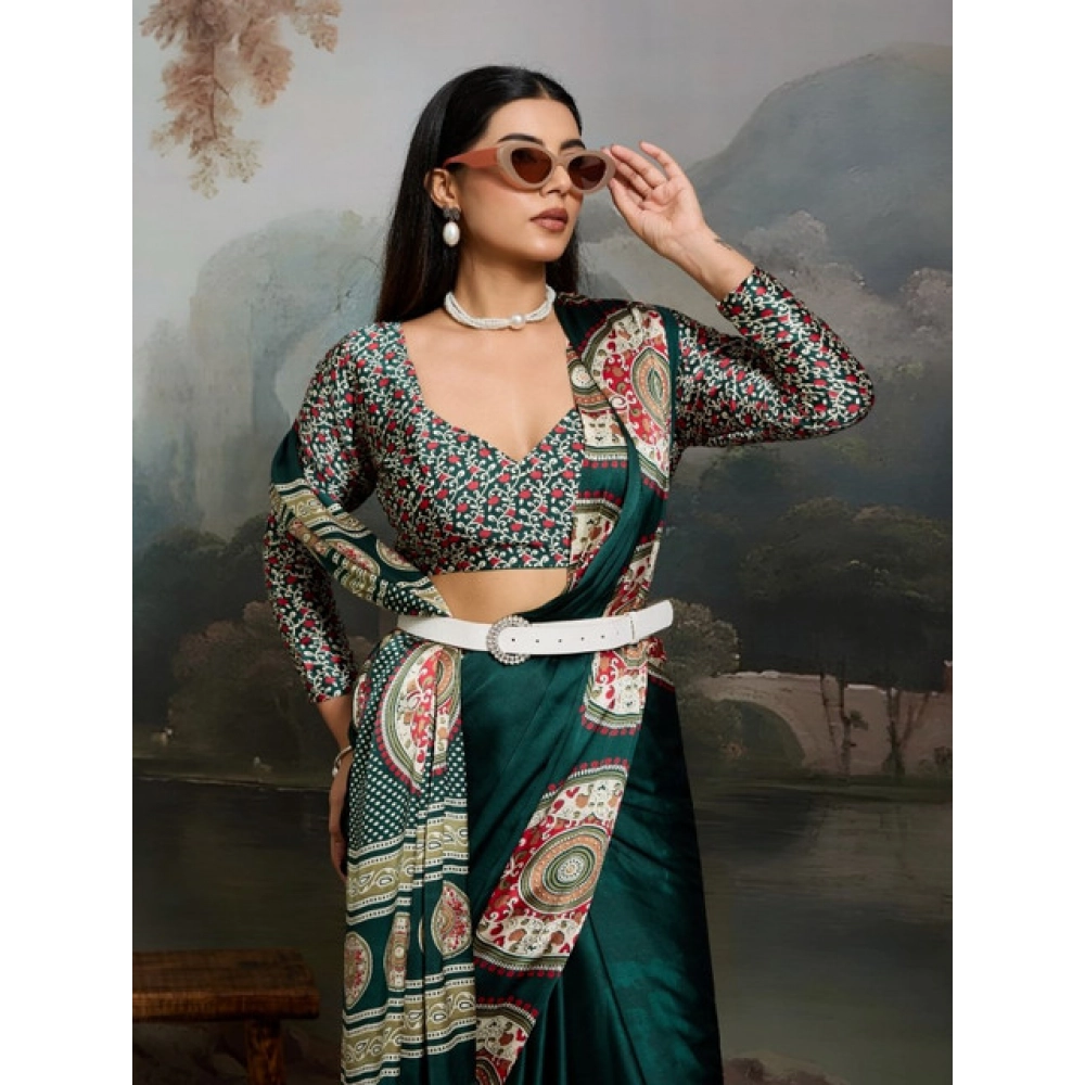 Women's Satin Crepe Printed Saree With Unstitched Blouse 5.5Mtr (Green) - Image 3