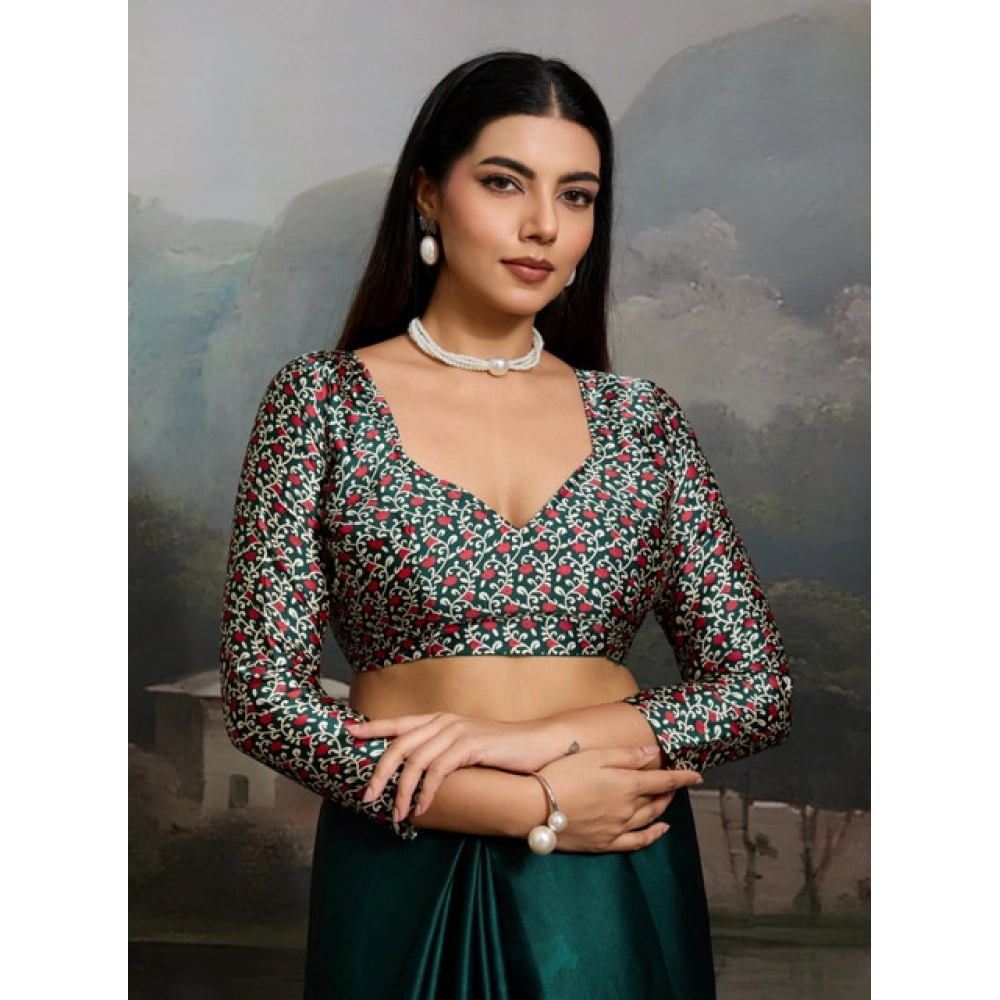 Women's Satin Crepe Printed Saree With Unstitched Blouse 5.5Mtr (Green) - Image 2