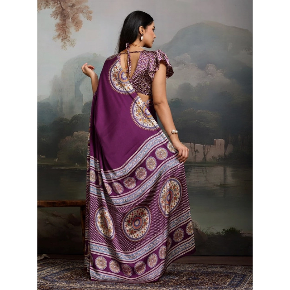 Women's Satin Crepe Printed Saree With Unstitched Blouse 5.5Mtr (Purple) - Image 4