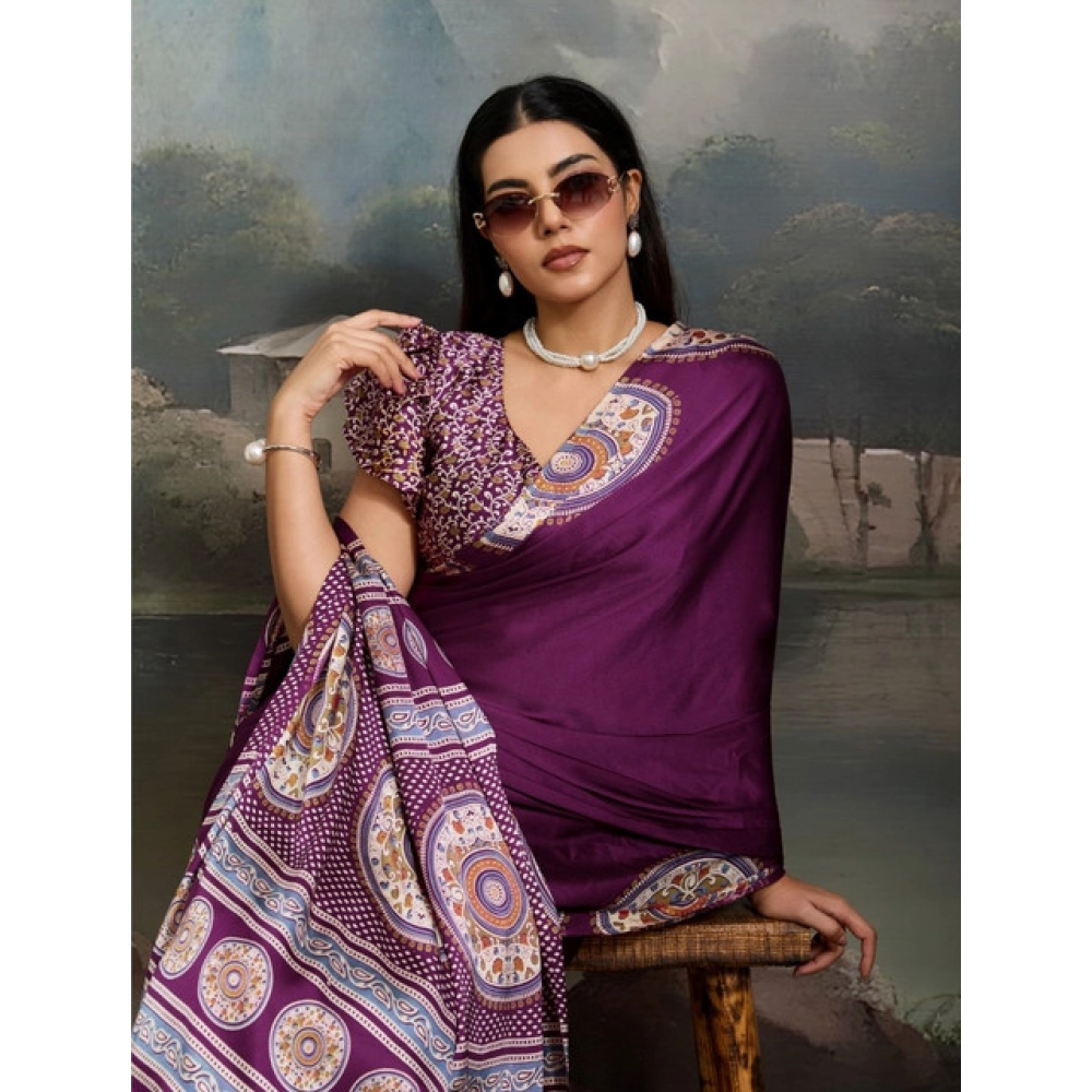 Women's Satin Crepe Printed Saree With Unstitched Blouse 5.5Mtr (Purple) - Image 3