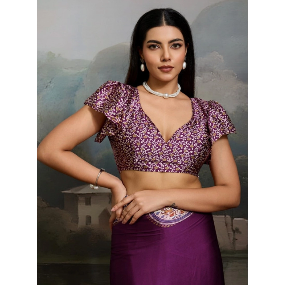 Women's Satin Crepe Printed Saree With Unstitched Blouse 5.5Mtr (Purple) - Image 2