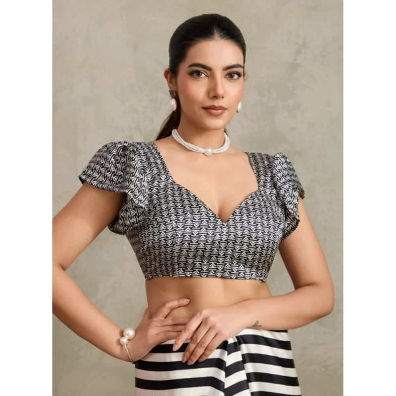 Alternative view of Women's Satin Crepe Printed Saree With Unstitched Blouse 5.5Mtr (Black)