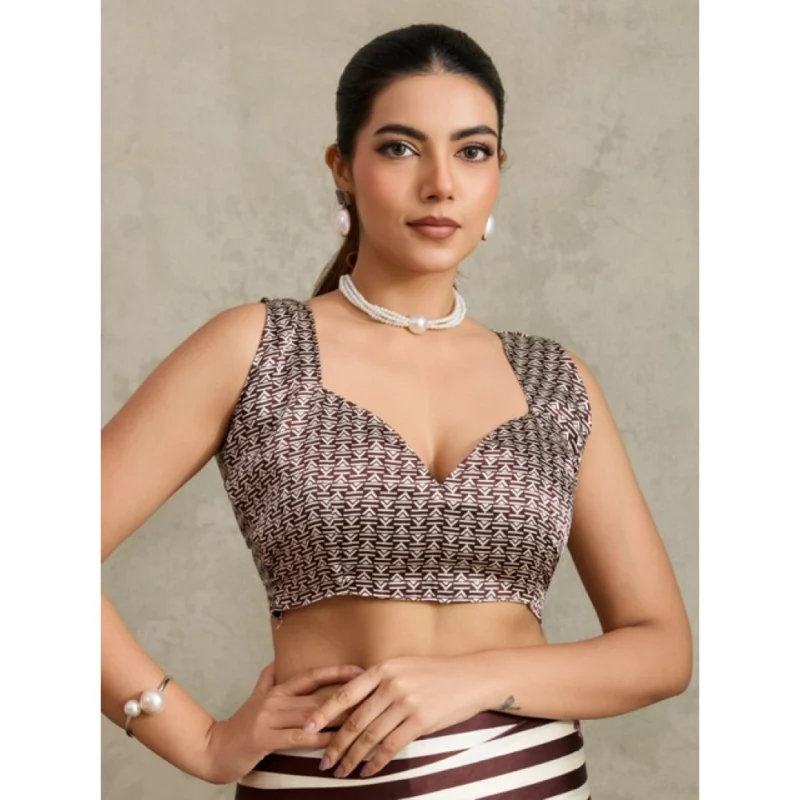 Alternative view of Women's Satin Crepe Printed Saree With Unstitched Blouse 5.5Mtr (Brown)