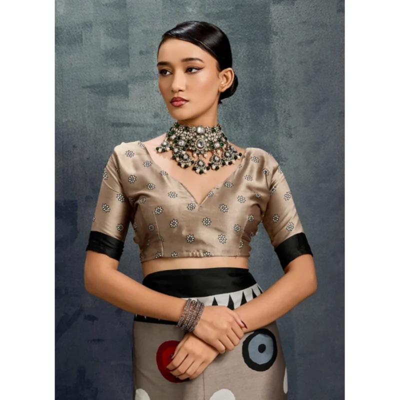 Alternative view of Women's Satin Crepe Printed Saree With Unstitched Blouse 5.5Mtr (Grey)