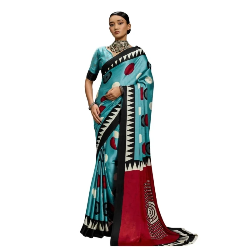Women's Satin Crepe Printed Saree With Unstitched Blouse 5.5Mtr (Sky Blue)