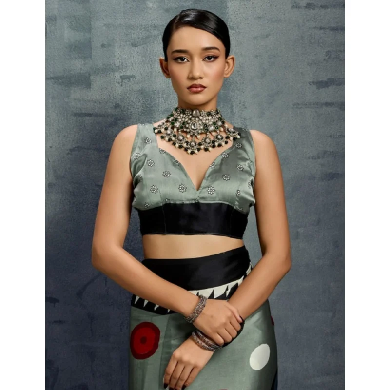 Alternative view of Women's Satin Crepe Printed Saree With Unstitched Blouse 5.5Mtr (Multicolor)