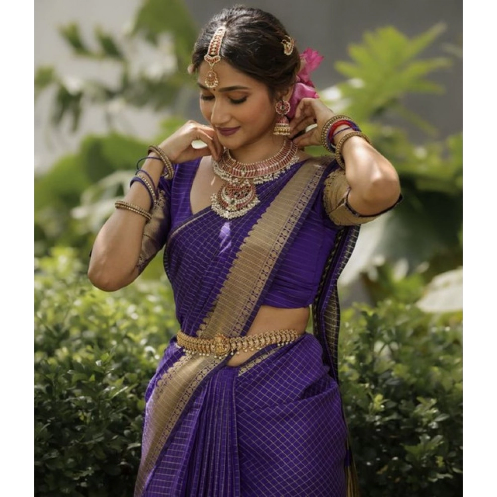 Women's Banarasi Silk Printed Saree With Unstitched Blouse 5.5Mtr (Purple)