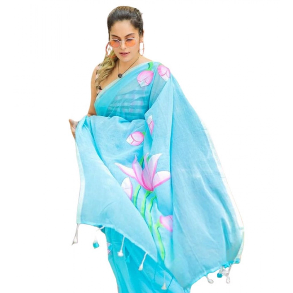 Women's Linen Printed Saree With Unstitched Blouse 5.5Mtr (light Blue)