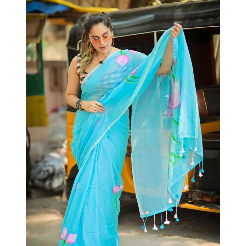 Women's Linen Printed Saree With Unstitched Blouse 5.5Mtr (light Blue) - Image 3