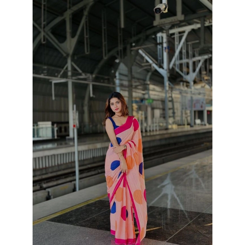 Women's Linen Printed Saree With Unstitched Blouse 5.5Mtr (Orange) - Image 4