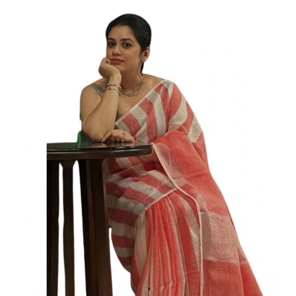 Women's Linen Printed Saree With Unstitched Blouse 5.5Mtr (Multicolor)