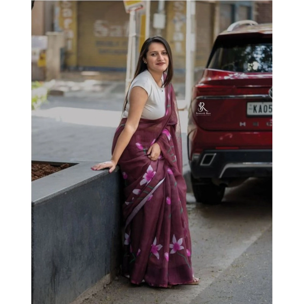 Women's Linen Printed Saree With Unstitched Blouse 5.5Mtr (Brown) - Image 3