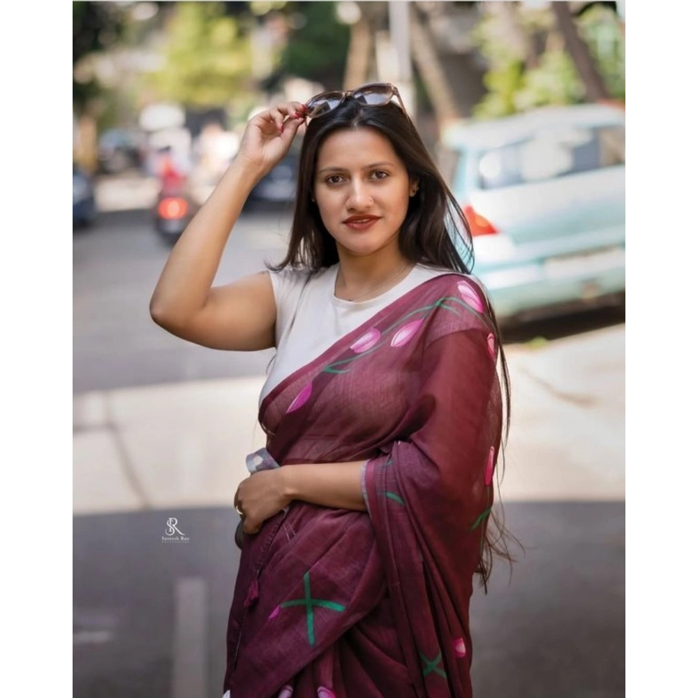 Women's Linen Printed Saree With Unstitched Blouse 5.5Mtr (Brown) - Image 2