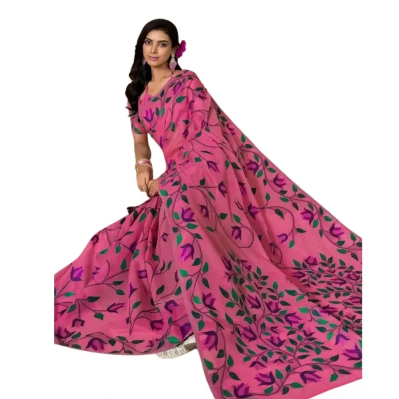 Women's Georgette Printed Saree With Unstitched Blouse 5.5Mtr (Pink)