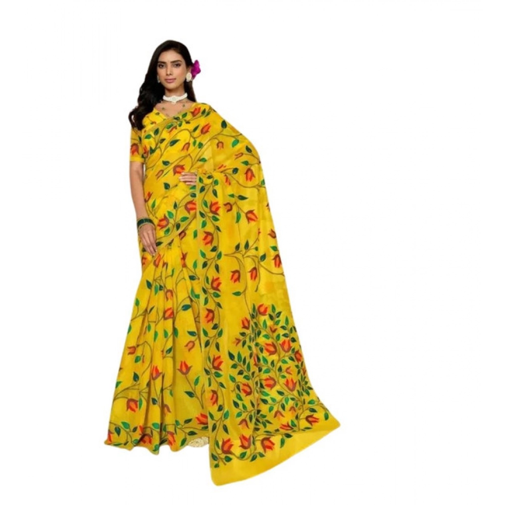 Women's Georgette Printed Saree With Unstitched Blouse 5.5Mtr (Yellow) - Image 2