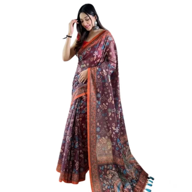 Women's Linen Printed Saree With Unstitched Blouse 5.5Mtr (Brown)