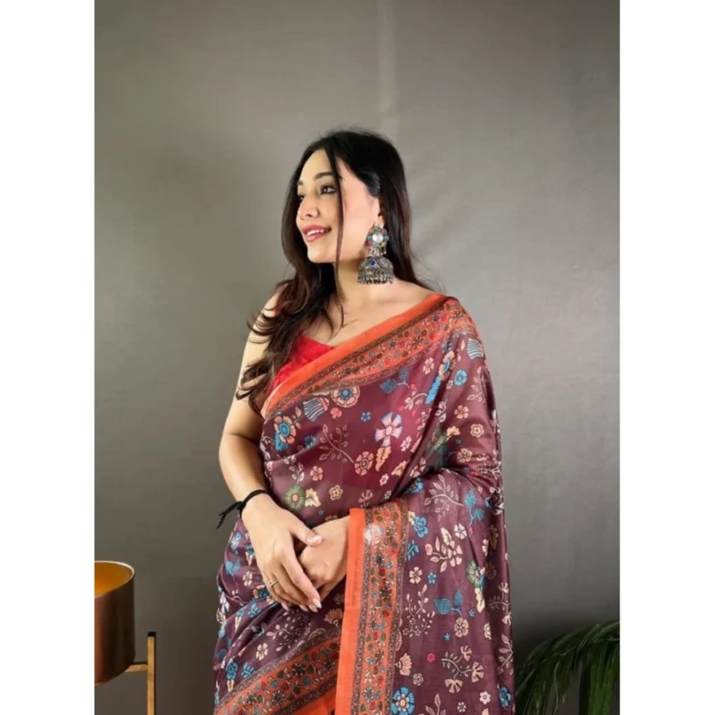 Alternative view of Women's Linen Printed Saree With Unstitched Blouse 5.5Mtr (Brown)