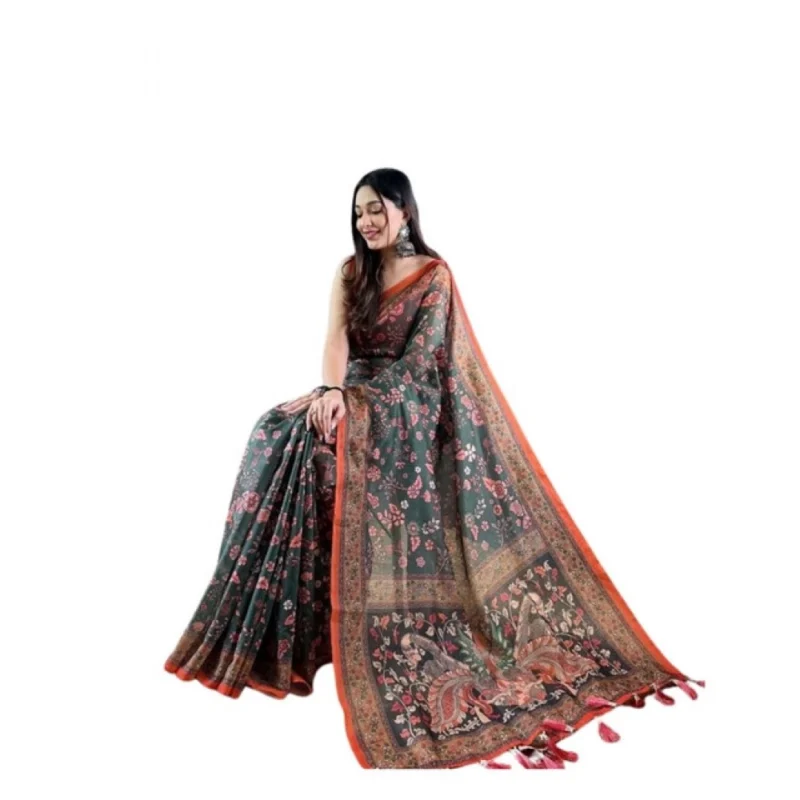 Alternative view of Women's Linen Printed Saree With Unstitched Blouse 5.5Mtr (Green)