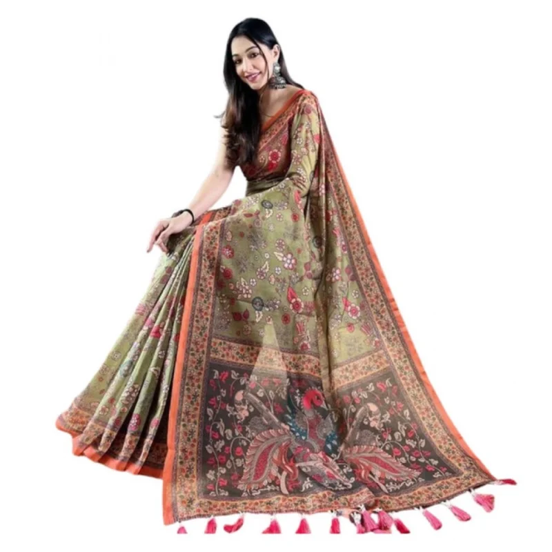 Women's Linen Printed Saree With Unstitched Blouse 5.5Mtr (Sea Green)